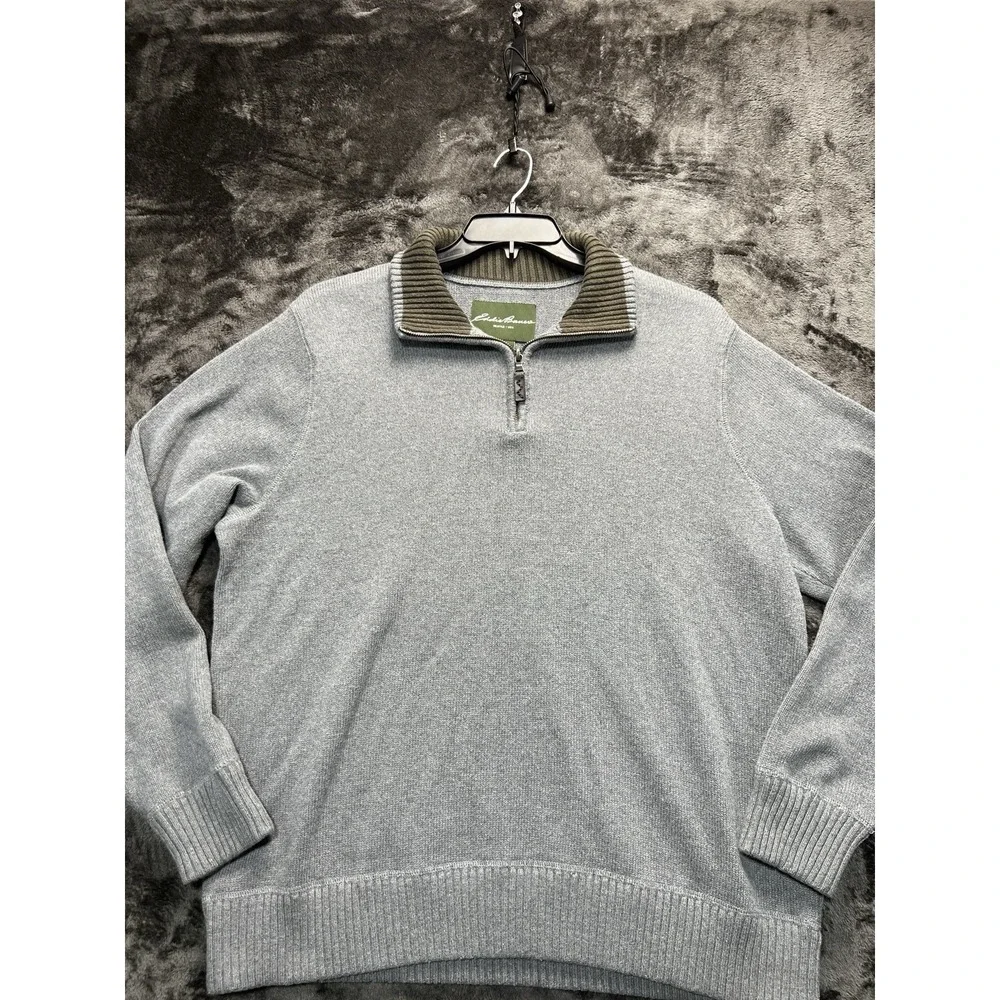 Eddie Bauer Men's XL Cotton Quarter Zip Pullover Gray Rib Knit Sweater